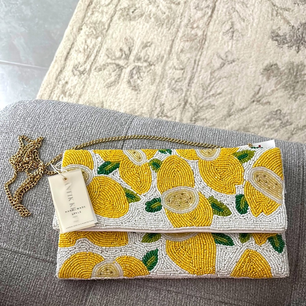 Viral Yellow and White Beaded Clutch